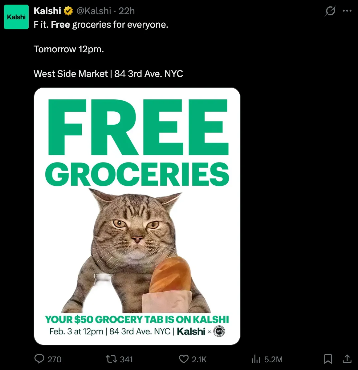 Kalshi's iconic cat-with-baguette ad