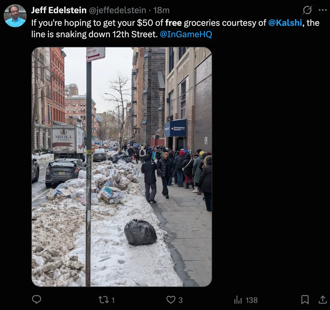 Lines down 12th Street for Kalshi's free groceries