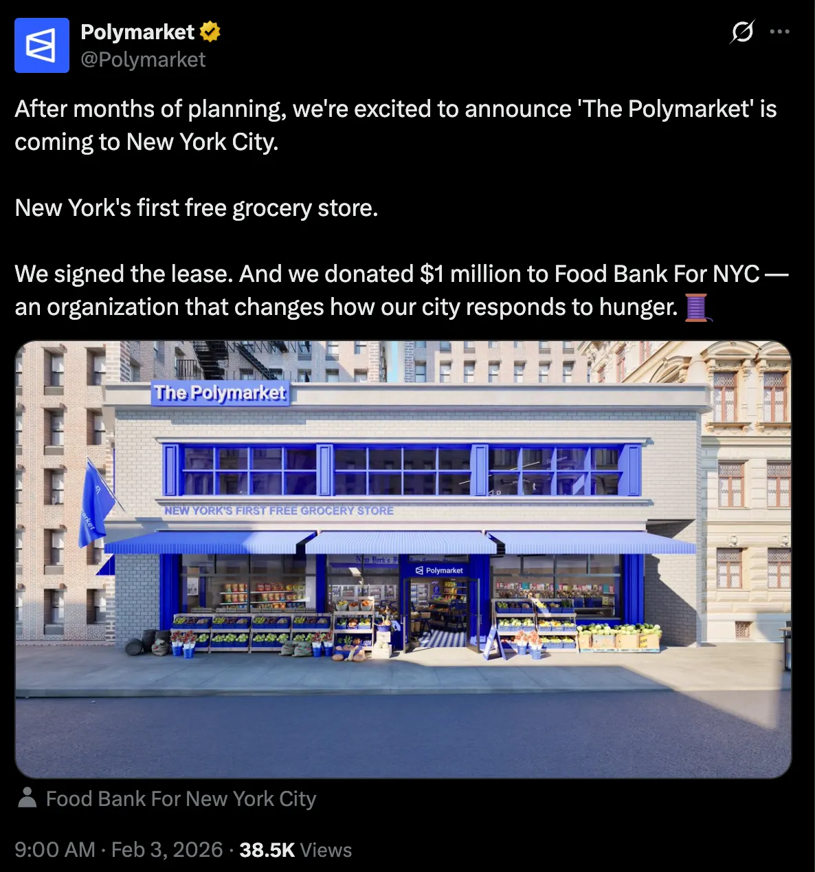 Polymarket announces The Polymarket, NYC's first free grocery store